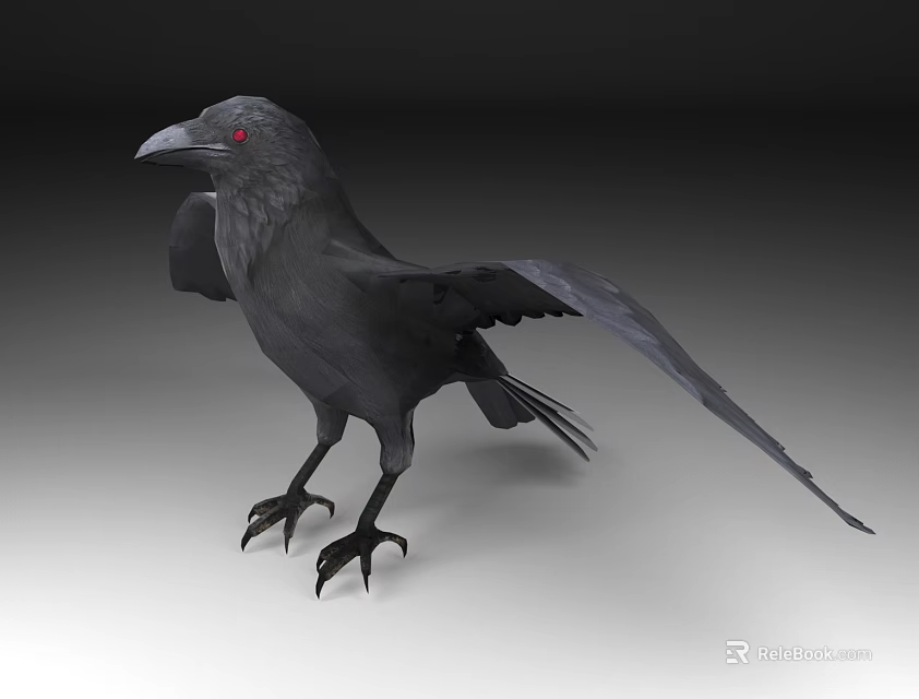Black Crow with Red Eyes Spreading One Wing Standing on Gray Background 3d model