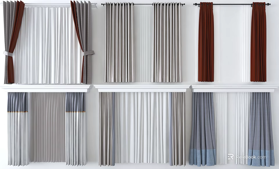 Various Colored Curtains in Different Styles and Textures for Home 3d model 