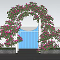 Vine Arch Adorned With Pink Flowers White Structure Blue Gate And Street Lamps