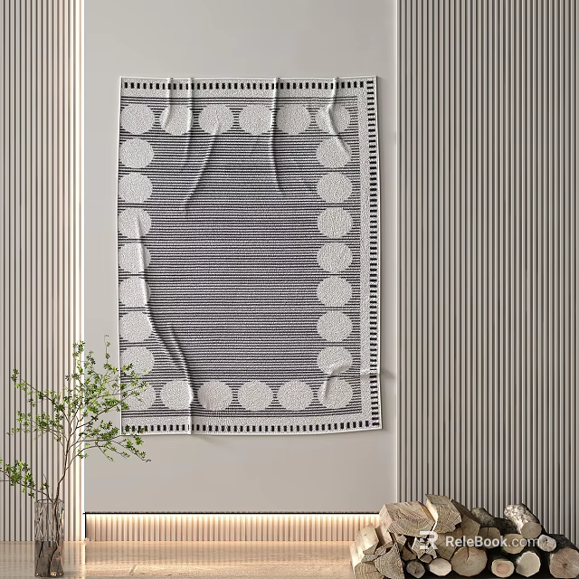 Square Rug with Gray and White Circular Patterns and Stripes in Indoor Setting 3d model