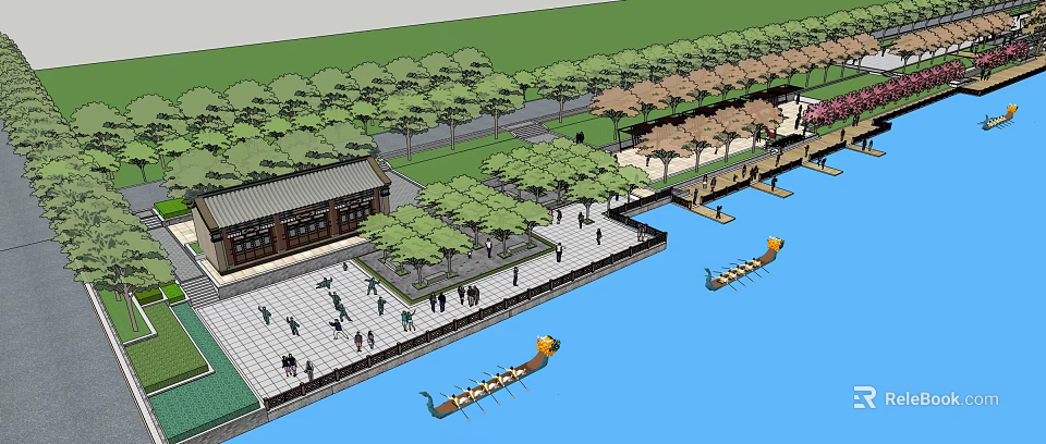 Scenic Plaza Landscape With Lush Trees Traditional Building Waterfront Dragon Boats And Pedestrians 3d model 