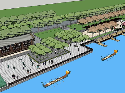 Scenic Plaza Landscape With Lush Trees Traditional Building Waterfront Dragon Boats And Pedestrians 3d model