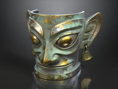 Ancient Bronze Mask With Large Golden Eyes And Ear Pendant Decoration 3d model