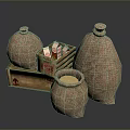Household Supplies Featuring Sack Wrapped Containers Wooden Crate Milk Cartons And Grain Filled Earthenware Jar