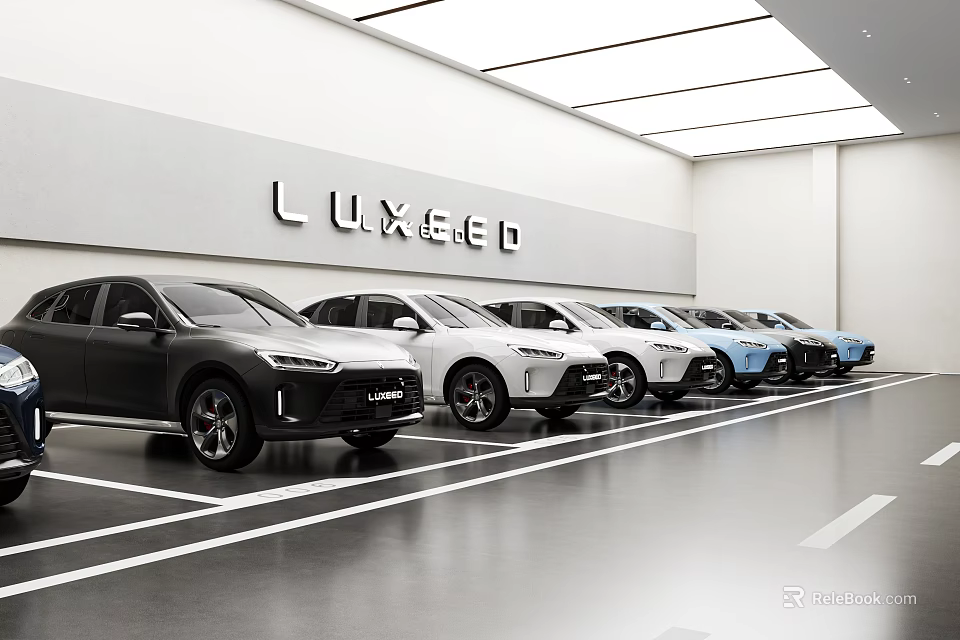 LUXEED 4S Showroom Modern Interior With Row Of Colorful Cars 3d model 
