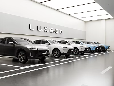 LUXEED 4S Showroom Modern Interior With Row Of Colorful Cars 3d model