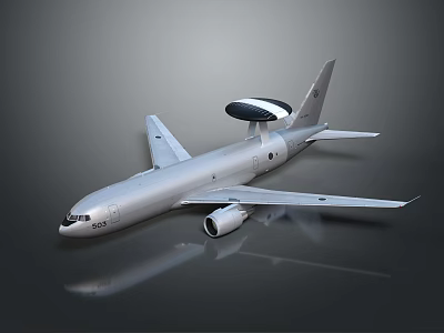 Silver Commercial Passenger Jet With Radar Dome On Top And Reflective Surface 3d model