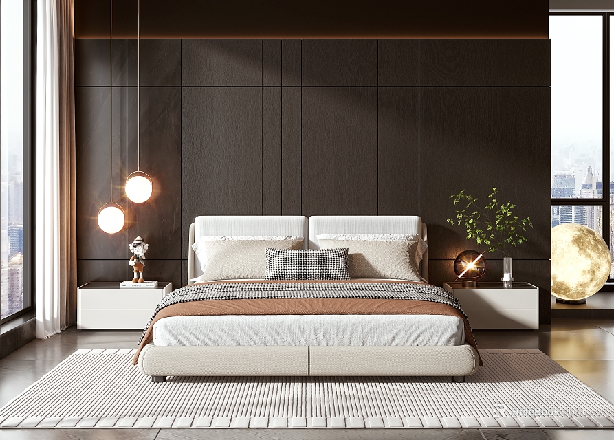 Modern Double Bed With White Headboard Dark Wood Walls Nightstands And City View Through Window 3d model 