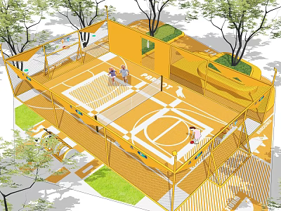 Outdoor Basketball Court With Yellow Structure For Fitness People Playing And Trees 3d model