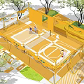Outdoor Basketball Court With Yellow Structure For Fitness People Playing And Trees