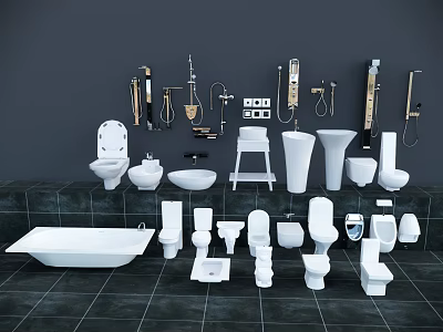 Modern Toilet And Bathroom Fixtures Featuring Bathtub Sink And Faucet Designs 3d model