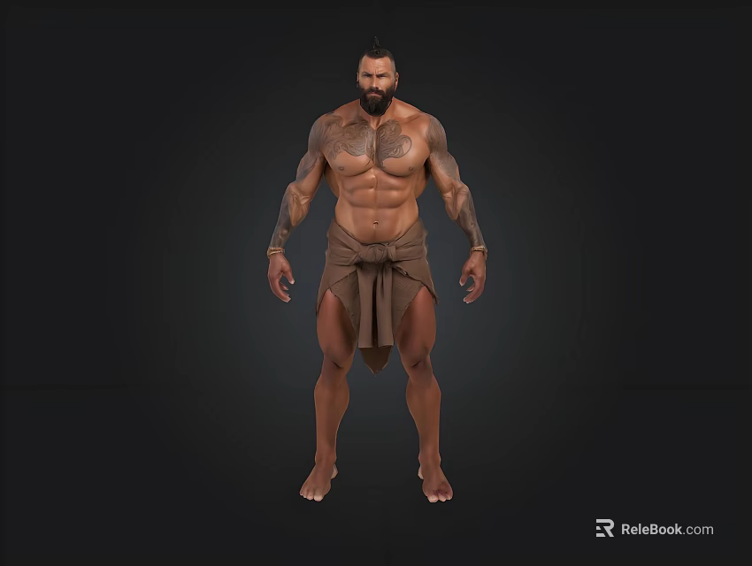 Muscular Tattooed Man With Bare Chest And Cloth Loincloth Standing Barefoot On Dark Background 3d model 