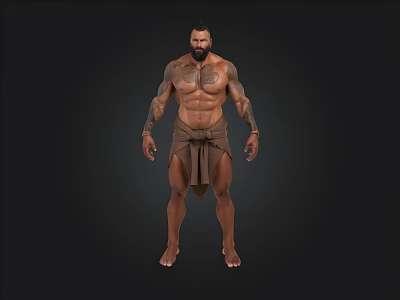 Muscular Tattooed Man With Bare Chest And Cloth Loincloth Standing Barefoot On Dark Background 3d model