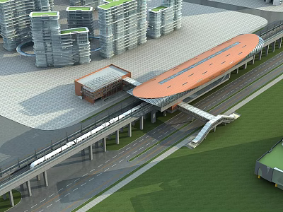Modern Elevated Station Featuring Orange Roof And Surrounding High Rise Buildings 3d model