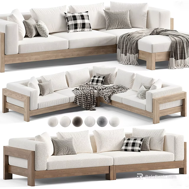Modern Sectional Sofa With Wooden Frame White Cushions Plaid Pillows And Throw Blanket 3d model 