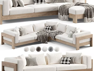 Modern Sectional Sofa With Wooden Frame White Cushions Plaid Pillows And Throw Blanket 3d model