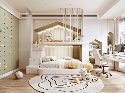 Kids Room Design with Bunk Bed Climbing Wall Desk Chair Rug and Storage Cabinets 3d model