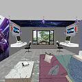 Modern Hotel Room With Starry Ceiling Game Character Mural And Computer Desk 3d model