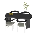 Black Dining Table Set With Four Grey Seated Chairs Silver Legs Fruit Bowl And Plant