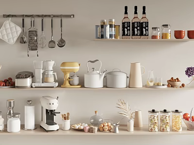 Spice Jars On Kitchen Shelves With Utensils 3d model