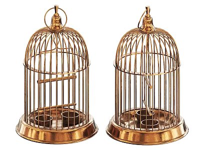 Two Golden Metal Pet Cages With Top Rings And Base Trays Design 3d model