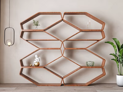 Wooden Hexagonal Wall Mounted Bookshelf With Decorative Items Vase and Green Plant Near Hanging Lamp 3d model