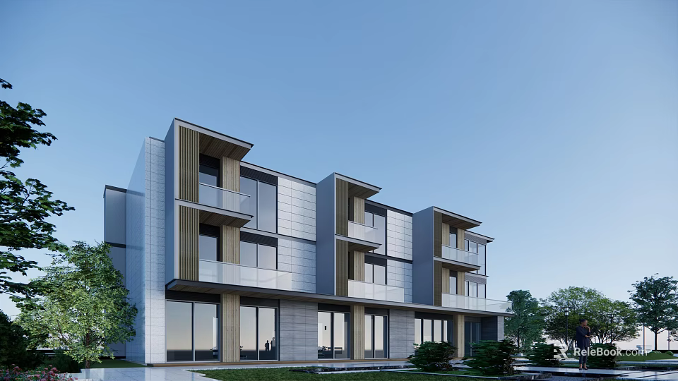 Modern Townhouse Exterior Design With Glass Facade Metal Accents Balconies And Greenery 3d model 
