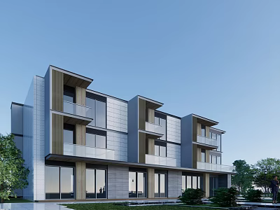Modern Townhouse Exterior Design With Glass Facade Metal Accents Balconies And Greenery 3d model