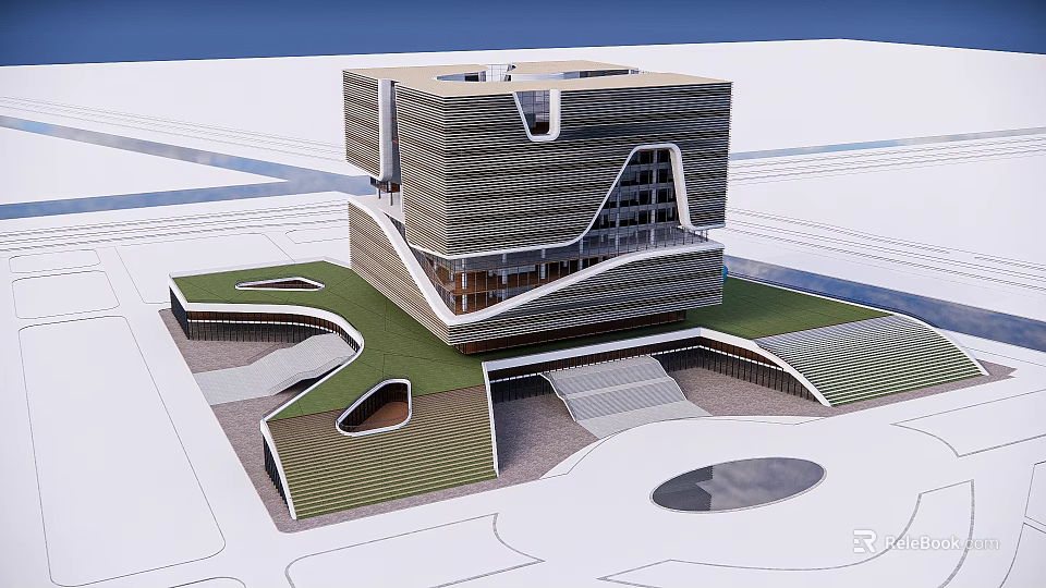 Modern Architectural Model With Unique Design And Green Roof 3d model