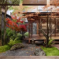 Karesansui Zen Garden with Stone Wall Red Maple Trees Moss Stones Stone Lanterns and Wooden Pavilion