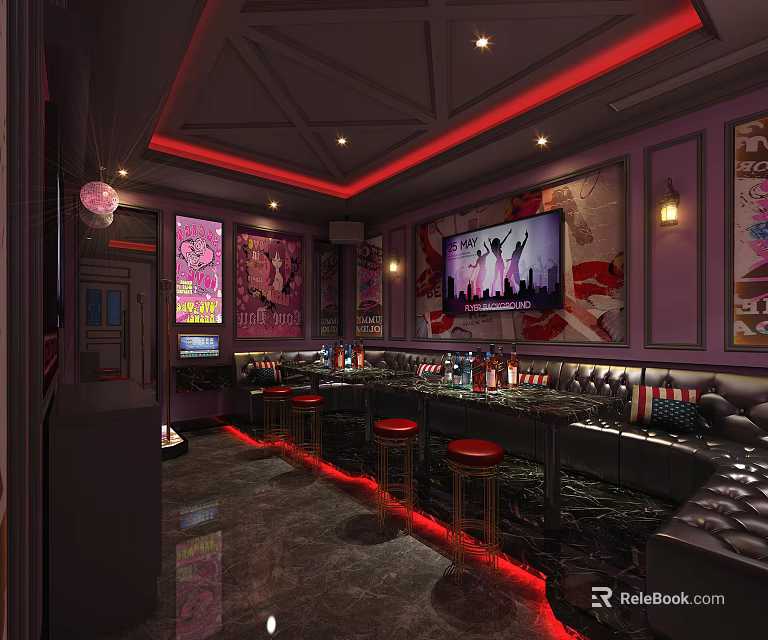 Modern KTV Interior With Red Lighting Bar Counter High Stools Sofa Seats And Wine Racks 3d model 