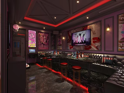 Modern KTV Interior With Red Lighting Bar Counter High Stools Sofa Seats And Wine Racks 3d model