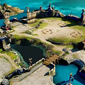 Scenic Landscape With Green Mountains Rocky Shores Water And Buildings