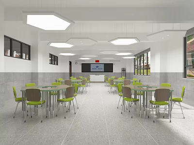 School Cafeteria Interior Featuring Green Chairs Glass Tables Large Screen And Ceiling Lights 3d model