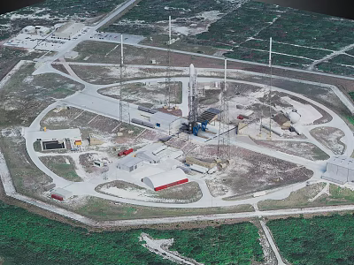 Aerial View Of Industrial Drilling Site With Circular Layout Towers Vehicles Buildings And Roads 3d model