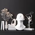 Modern Decorative Ornament Set with Coral Like Sculpture Half Face Bust White Figure and Vase