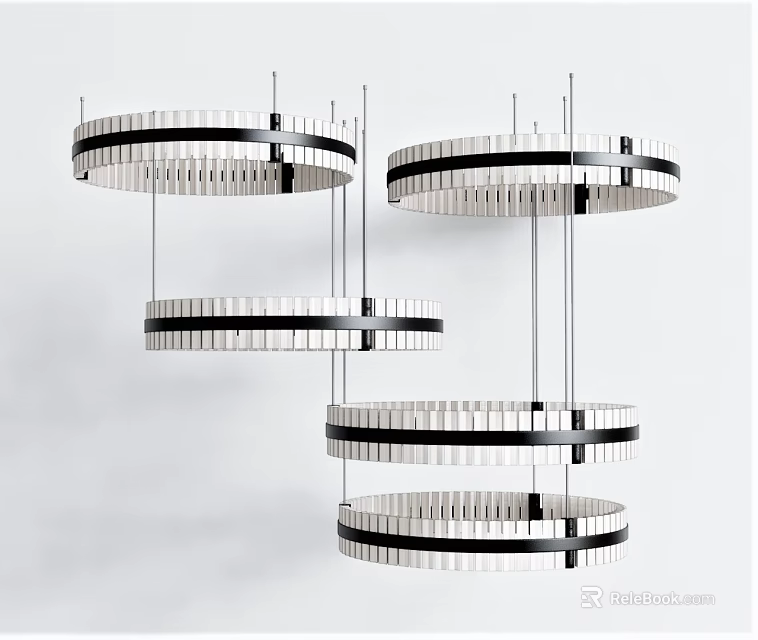 Modern Layered Chandelier With Circular Metal Rings In Black And White 3d model 