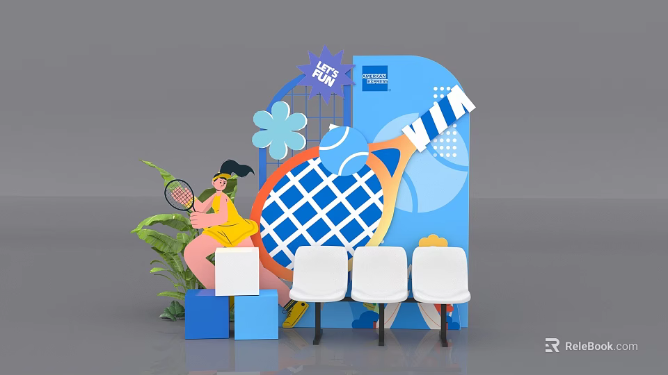 Tennis Themed Photo Spot with Blue Background Tennis Racket Athlete Figure Flower Decoration and Seats 3d model 