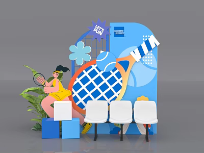 Tennis Themed Photo Spot with Blue Background Tennis Racket Athlete Figure Flower Decoration and Seats 3d model