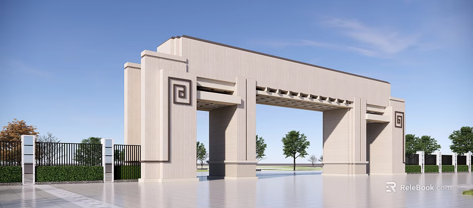 School Building Main Entrance Stone Archway Symmetrical Design with Trees and Blue Sky 3d model 