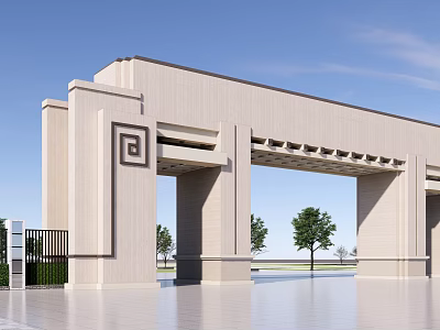 School Building Main Entrance Stone Archway Symmetrical Design with Trees and Blue Sky 3d model