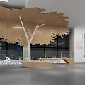 Modern Exhibition Booth Interior With Large Screen Airplane Image Blue Displays And White Seats