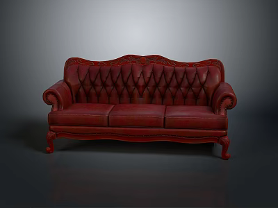 Red Leather Three Seater Sofa With Carved Details Curved Arms And Decorative Legs 3d model