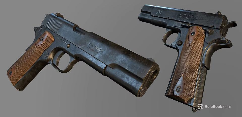 Two Vintage Pistols With Wooden Grips Metal Frames Classic Design And Worn Finish 3d model 
