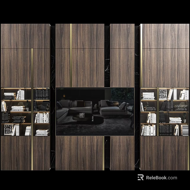 Modern TV Wall Design With Wooden Panels Marble Accents And Built in Bookshelves 3d model 