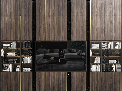 Modern TV Wall Design With Wooden Panels Marble Accents And Built in Bookshelves 3d model