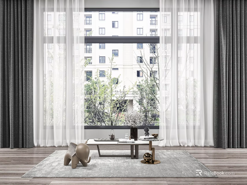 White Sheer And Dark Gray Thick Curtains With Green Trees View Wooden Floor Coffee Table 3d model 