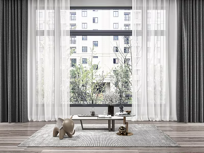 White Sheer And Dark Gray Thick Curtains With Green Trees View Wooden Floor Coffee Table 3d model