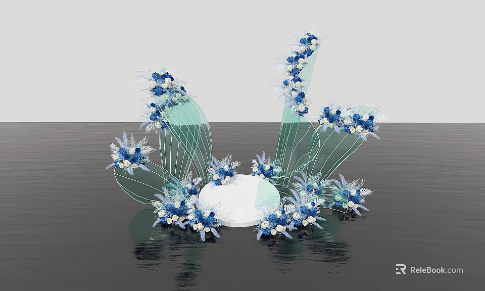 Floral Display with Blue White Flowers Curved Structure and White Circular Base 3d model