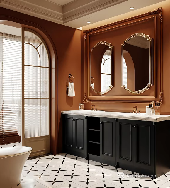 Luxurious Bathroom Interior With Double Mirrored Vanity And Arch Window 3d model